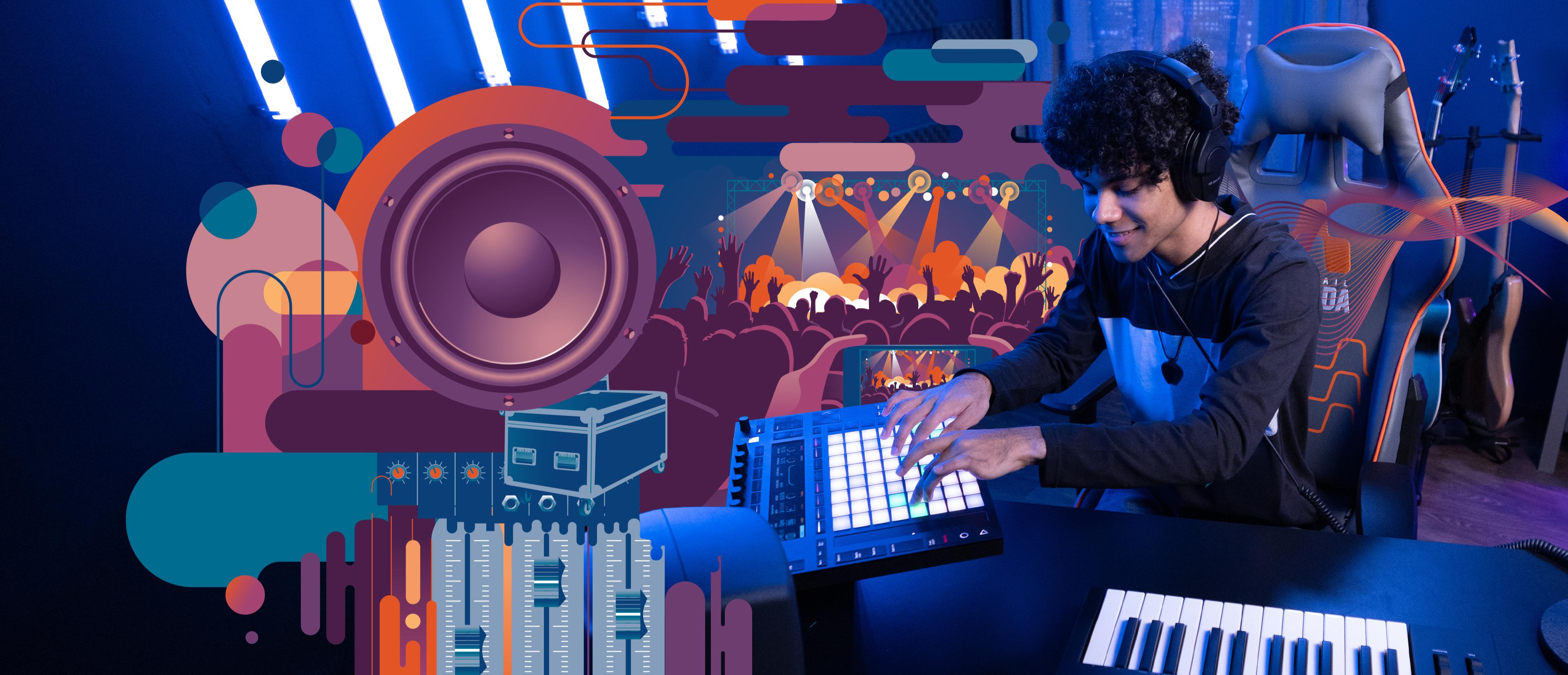 A person in a home recording studio using a MIDI controller surrounded by music equipment.